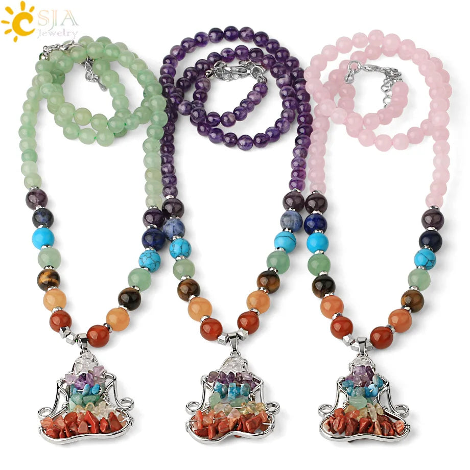 CSJA Wholesale Boho Yoga Natural Gem Stone 7 Chakra Reiki Healing Meditation Crystal Quartz Women Mens Beaded Necklaces G372 MegaBDM