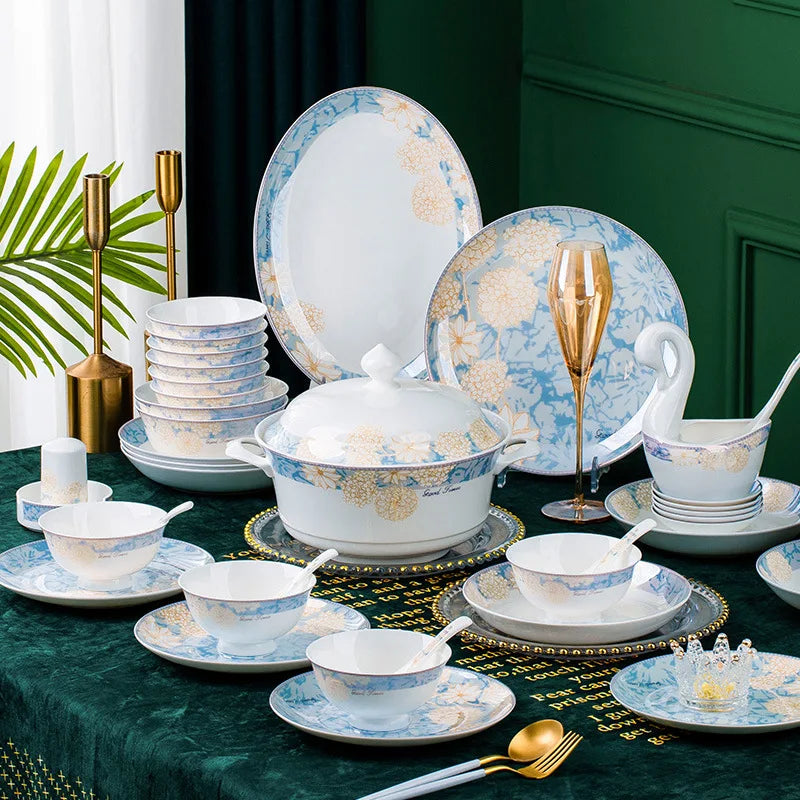 European Style High-End Ceramic Dinnerware Set Elegant Bone China Tableware Simple Porcelain Plate Collection High-Looking Set
