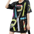 Hot Summer Long T-Shirt for Women Custom Letter Logo With Shiny Sequin O-Neck Knit Cotton & Spandex Sequin Skirt