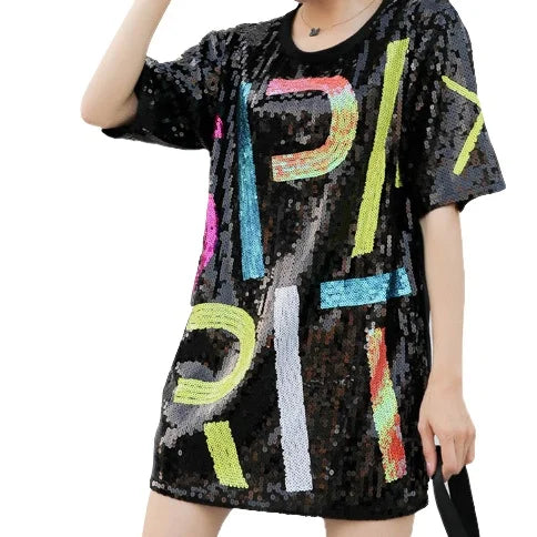 Hot Summer Long T-Shirt for Women Custom Letter Logo With Shiny Sequin O-Neck Knit Cotton & Spandex Sequin Skirt