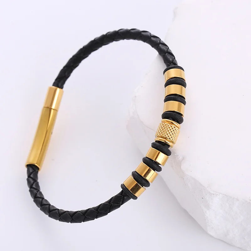 Wholesale Bulk Hand Made Gents Mans Jewelry 4mm Thin Metal and Leather Charm Bracelet Homme En Cuir
