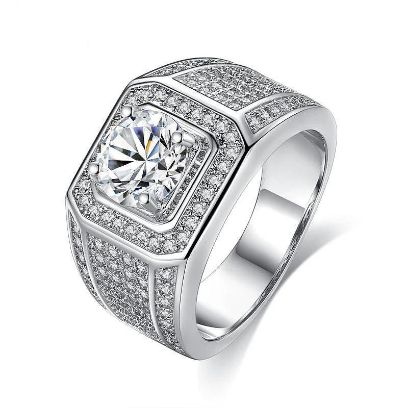 925 Sterling Silver 2 Carat Moissanite Round Brilliant Cut Rhodium Plated Pave Setting Casual/Sporty Wedding Ring for Men