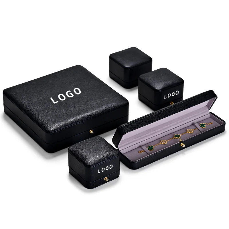 Custom Logo Black Decent Pu Leather High End Business Delicate Ring Pendant Necklace Box Leather Velvet Luxury Jewelry Box