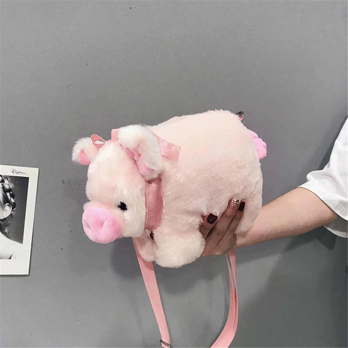 Cute Fluffy  Plush Pink Pig Bag Women Cartoon Shoulder Bag Fur Soft Strip Bag