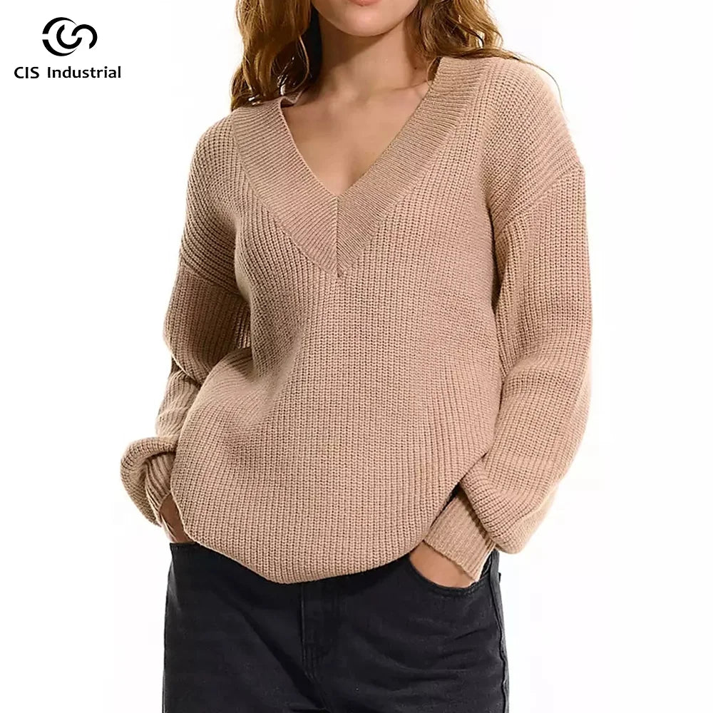 Custom Women's Wool Blend V-Neck Pullover Sweater Casual Winter Cashmere Jumper by Manufacturer