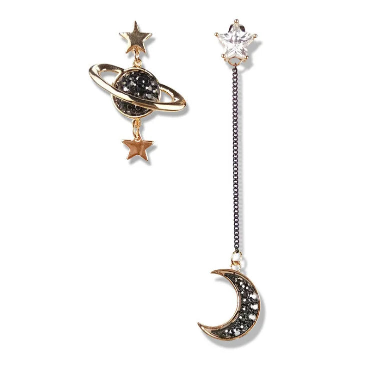 Fashion Luxury Jewelry Asymmetric Crystal Rhinestone Moon Star Stud Earrings Rhinestone Moon Star Planet Earrings