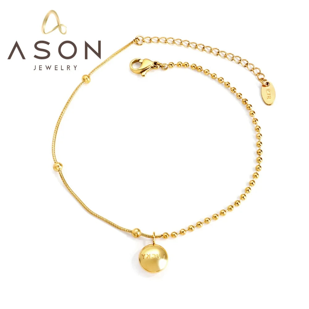 Ason Jewelry Fashion Stainless Steel 18k Gold Plated Round Snake Chain Anklet Foot Chain Charm Good Luck Gold Bean Anklet