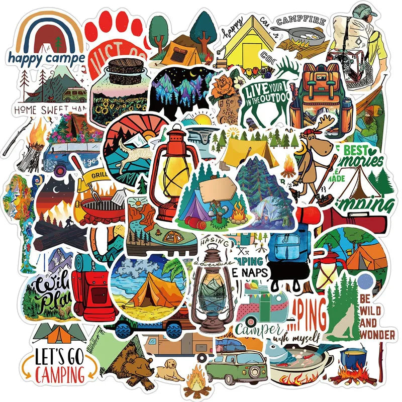 50pcs Cartoon Outdoor Camping StickersAdventure Stickers for Water Bottle Scrapbook Laptop Skateboard Car