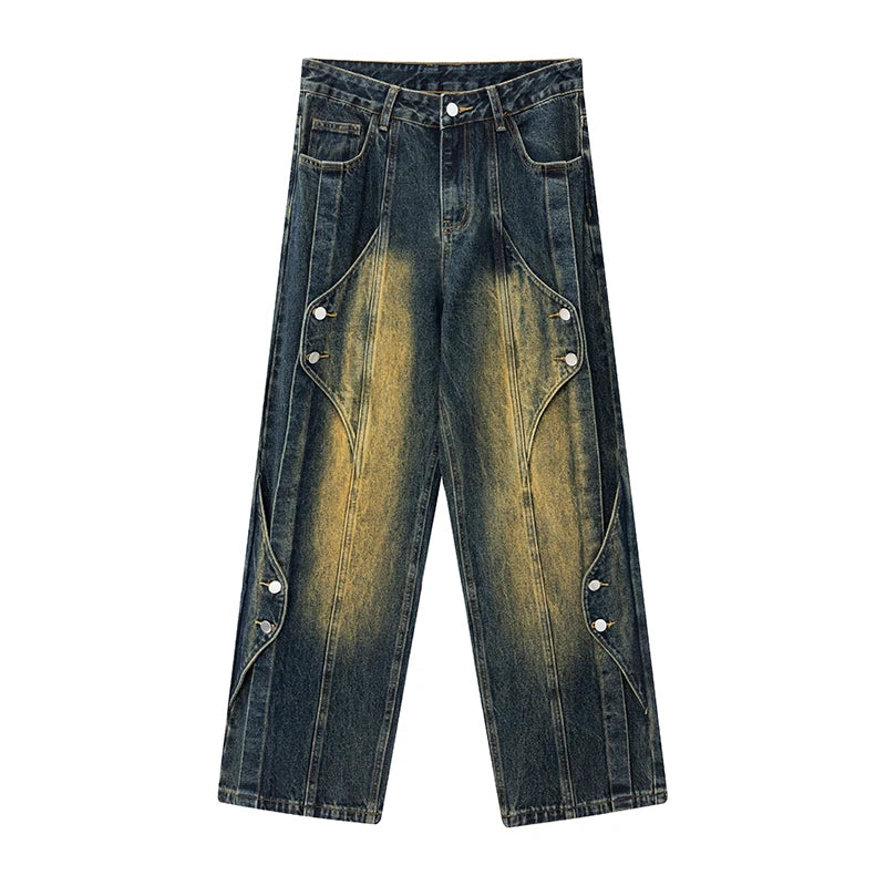 Loose Jeans Spring Autumn Stretch Vintage Outdoor Everyday Washed Splicing Multiple Buttons Men Jean Denim