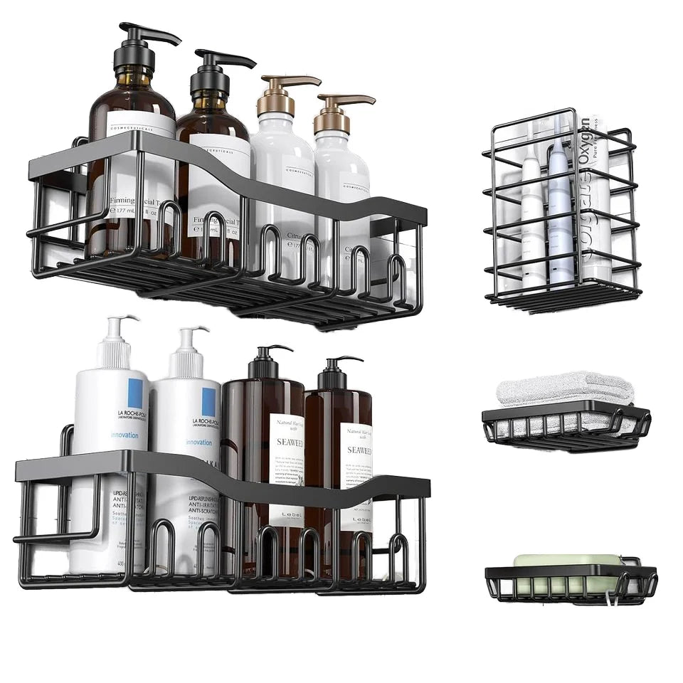 5-Piece Rustproof Stainless Steel Shower Caddy Large Capacity Adhesive Bath Organizers No Drilling Shelves