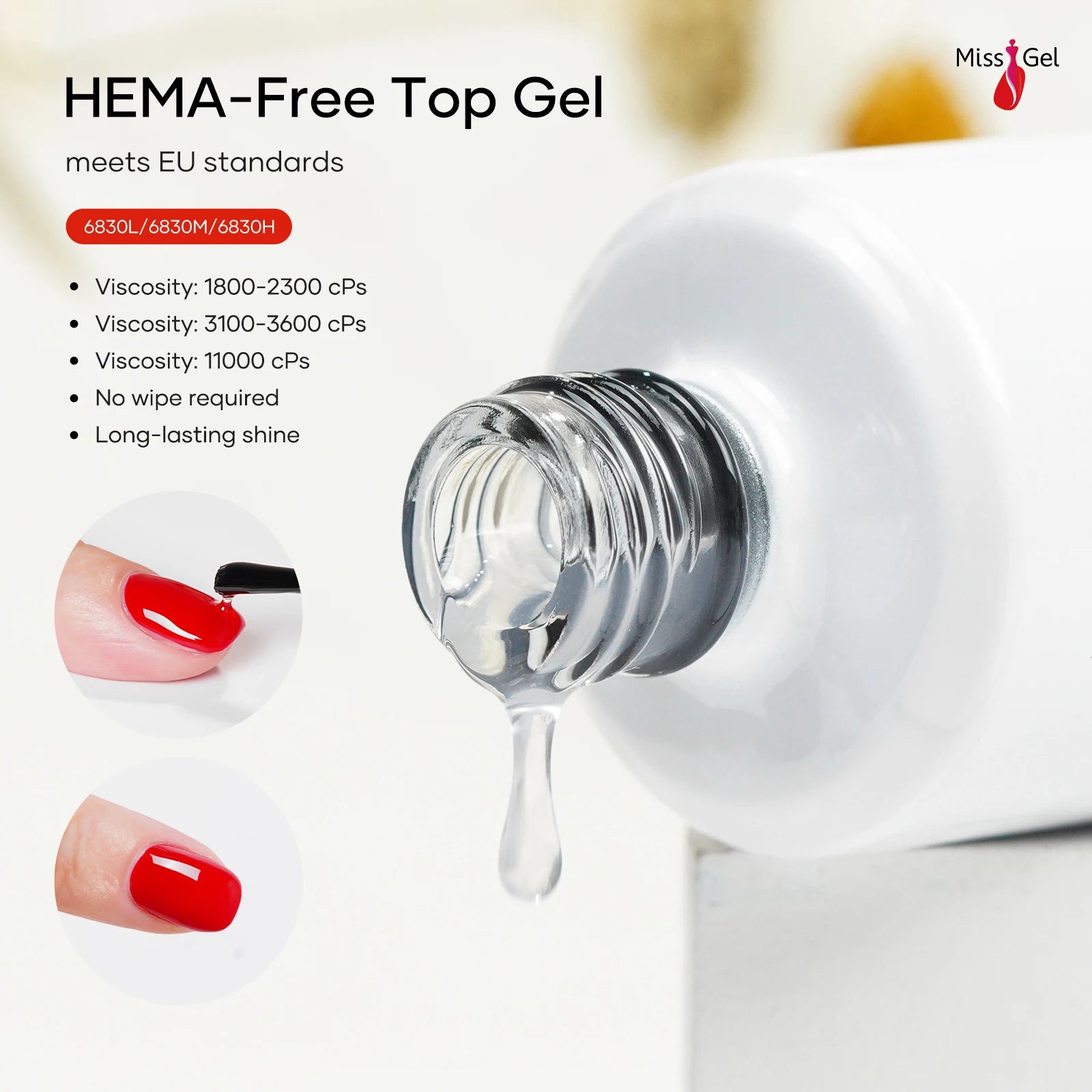 MissGel High Durability Non-yellow Strong Top Coat Gel Nail Polish Wear Resistant Hema Free No Wipe Shiny Top Coat Gel