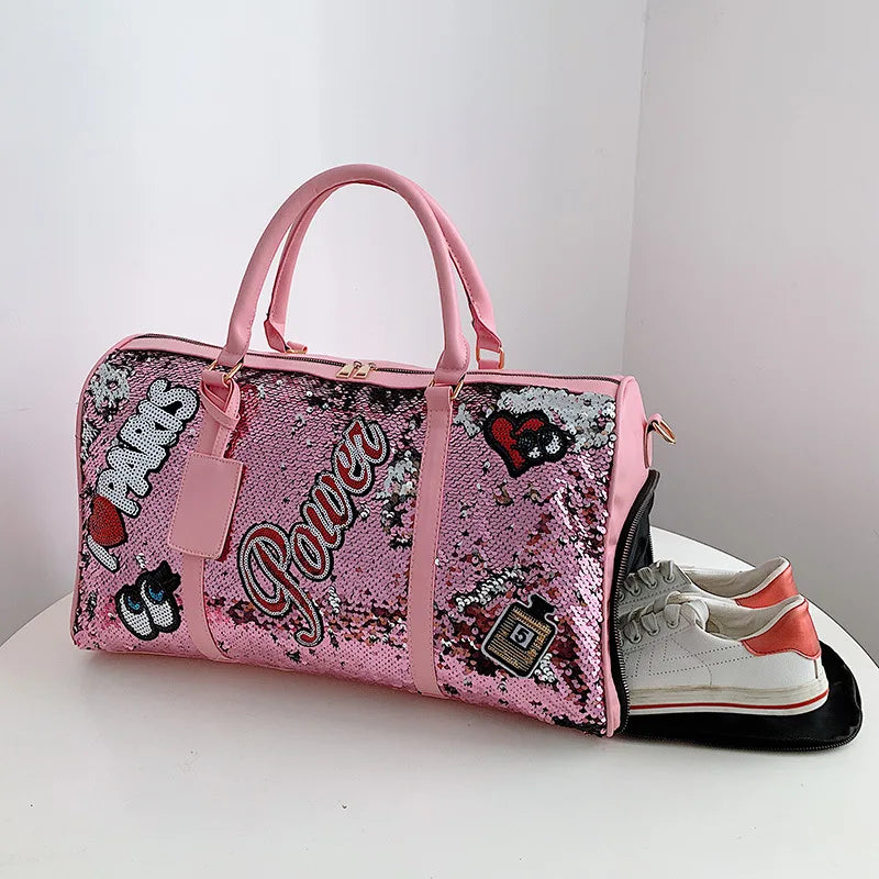 New Sequin PVC Zipper Foldable Travel Duffel Gym Bag with Shoe Compartment for Unisex Fashion Customized Color & Logo MegaBDM