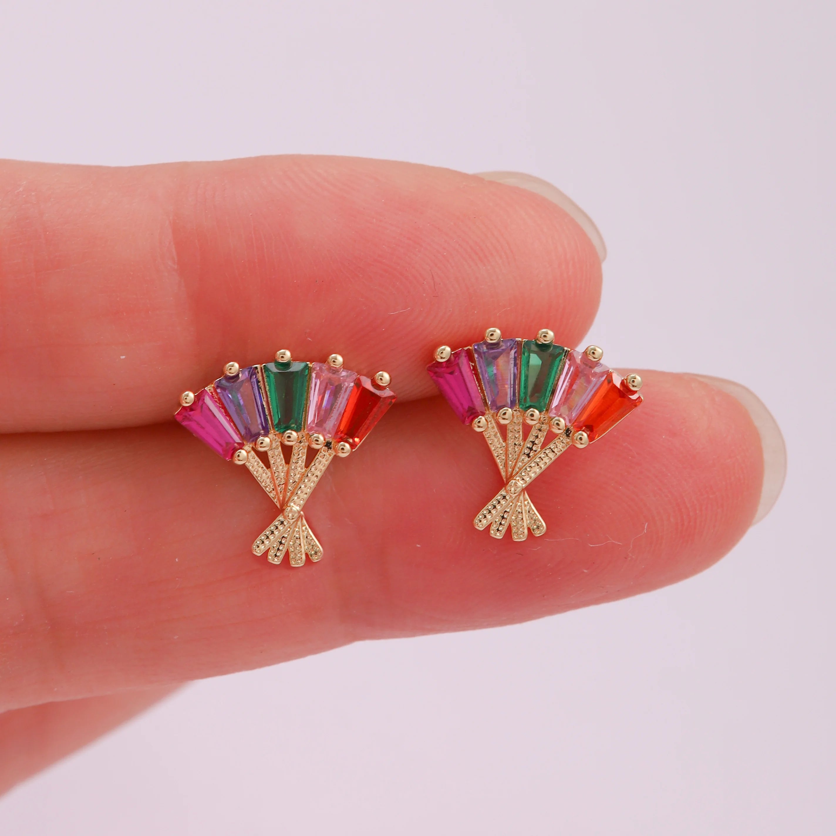Women's Gold Bohemian Stud Earrings Colorful Zirconia and Scalloped Geometric Fan Design Brass Jewelry for Parties
