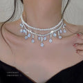 Baroque Zircon Pearl Diamond Drop Pendant Collarbone Clavicle Chain Temperament Tennis Bling Tassel Pearl Necklace