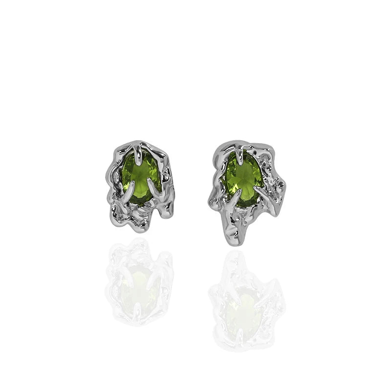 WMEA651 Oval Green Cubic Zircon Silver Stud Earring Asymmetry Irregular CZ Lava Texture 925 Sterling Silver Stud Earrings