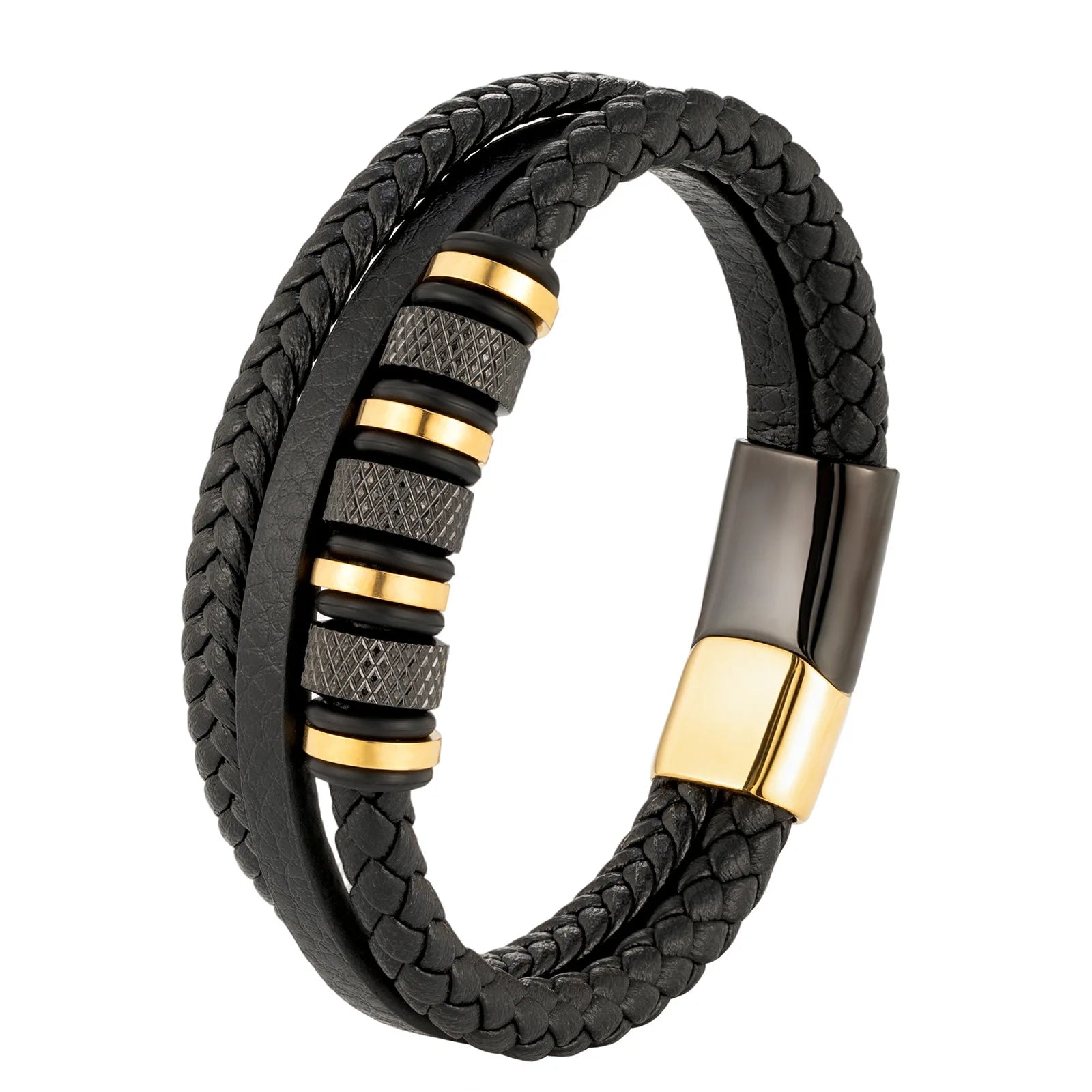 Multilayer Braid Bracelet Men Rope Genuine Leather Wristband Stainless Steel Black Gold Plated Magnetic Bracelet Bangle for Men