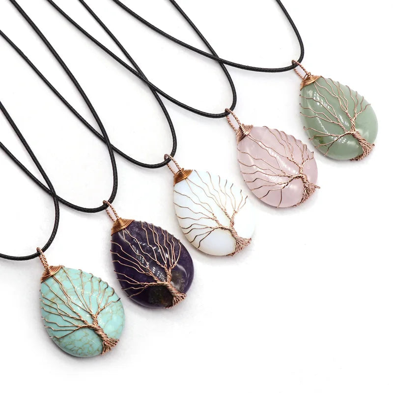 Huiying Natural stone agate crystal pendants tree of life necklace charms pendant necklace Jewelry