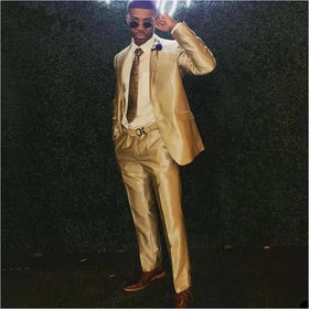 Men Suits 2 Pcs Gold Satin Shawl Lapel Wedding Groom Blazer Wear Business Blazer Tuxedos Terno Casual Costume Home