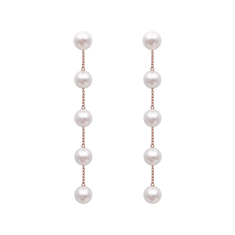 AA00190 Alloy Fashion Korean Jewelry Round Pearl Bead Pendant Earrings Trend Pearl Tassel Long Drop Hoop Earrings