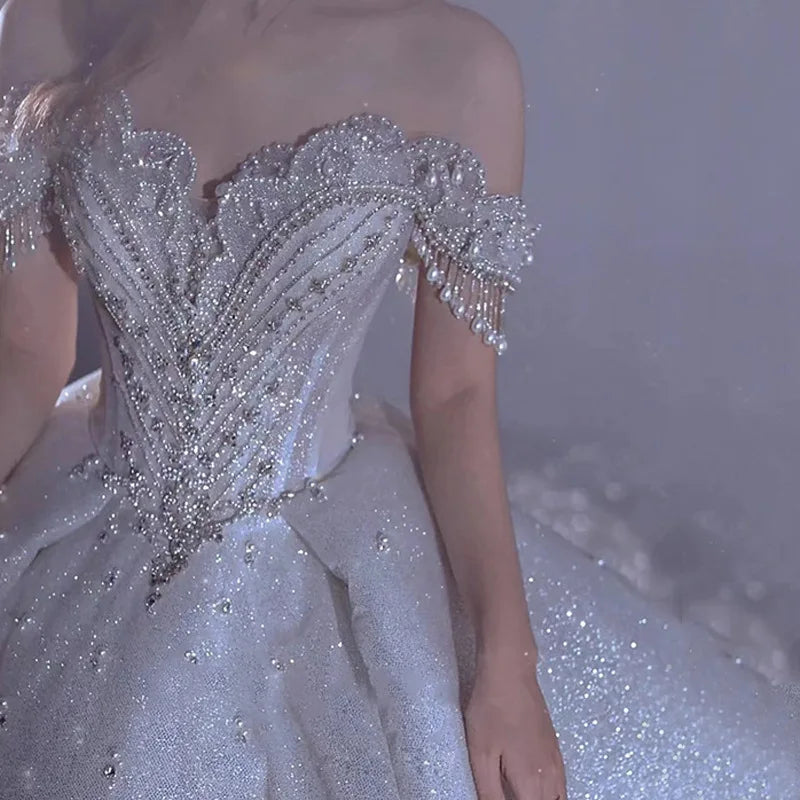 S6192F 2026 New Bride's Main Yarn Super Heavy Work Temperament off Shoulder Luxury Wedding Dress Bridal Gown