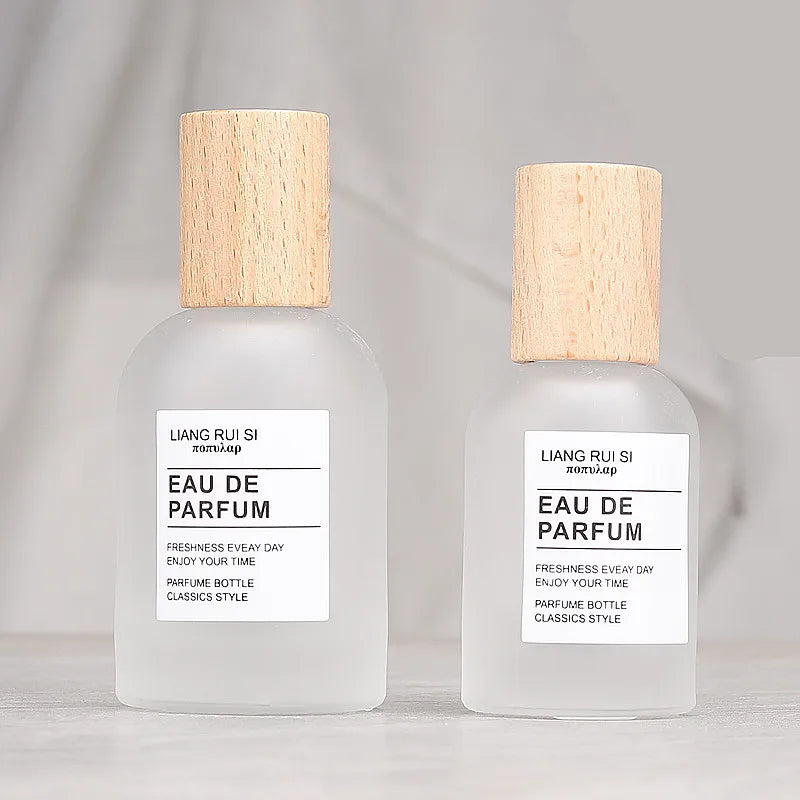 Luxury Wood Cap clear Frosted Glass Spray Bottle Empty 30ml 50ml Screw Neck Refillable Round Empty Glass Spray Perfume Bottle