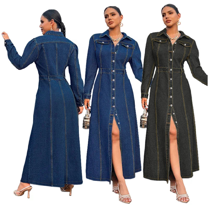 Y218627 High-Quality Jeans Dresses Women Casual Elegant Long Sleeve Breasted Long Denim Dresses for Women Ladies Office Dress
