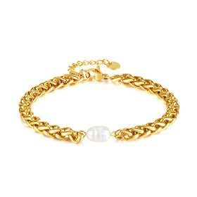 Women's Vintage Style 18K Gold-Plated Stainless Steel Jewelry Natural Freshwater Pearl Bracelet With Gold Chain Gifts Weddings