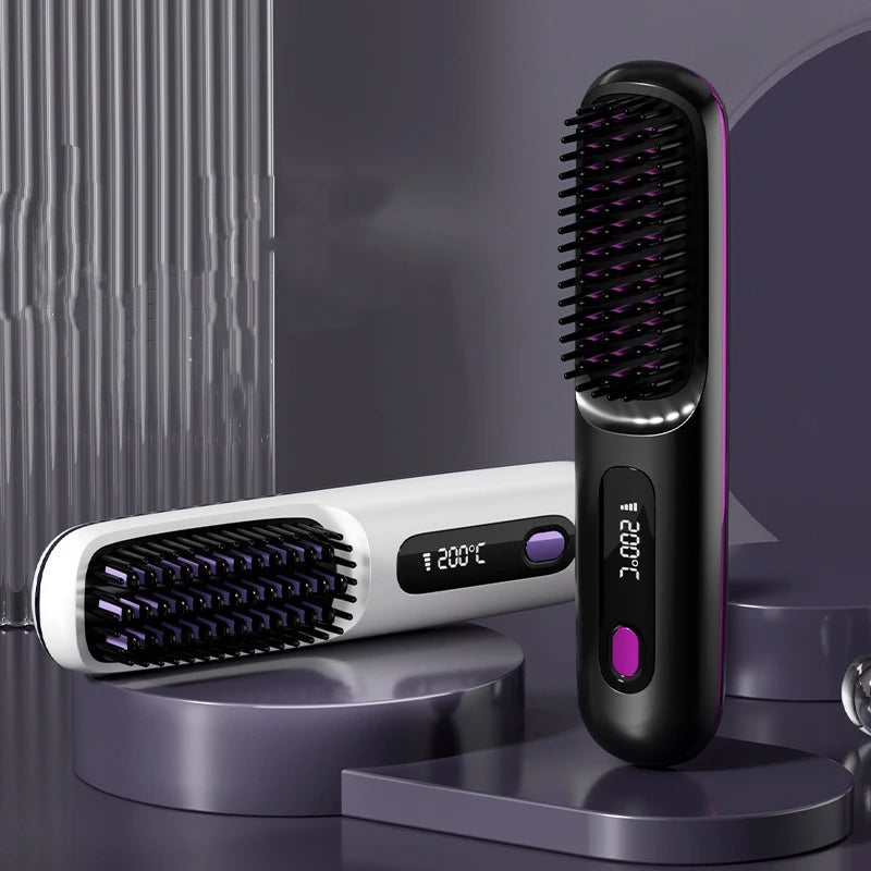 Electric Lcdceramic Heating Straight Hair Comb Wireless Portable Negative Ion Styling Tool Rechargeable Straightening Brush
