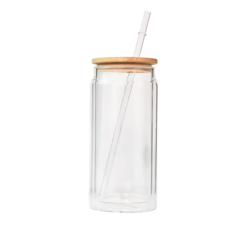 Double Layer High Borosilicate Libby Beer 16 oz Glass Cup with Straw Lid