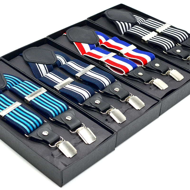 Stripe Suspenders Pants Men Elastic Y Shape Braces 4 Clips Suspender Belt 3.5*120cm Navy Suspender Male Red Black
