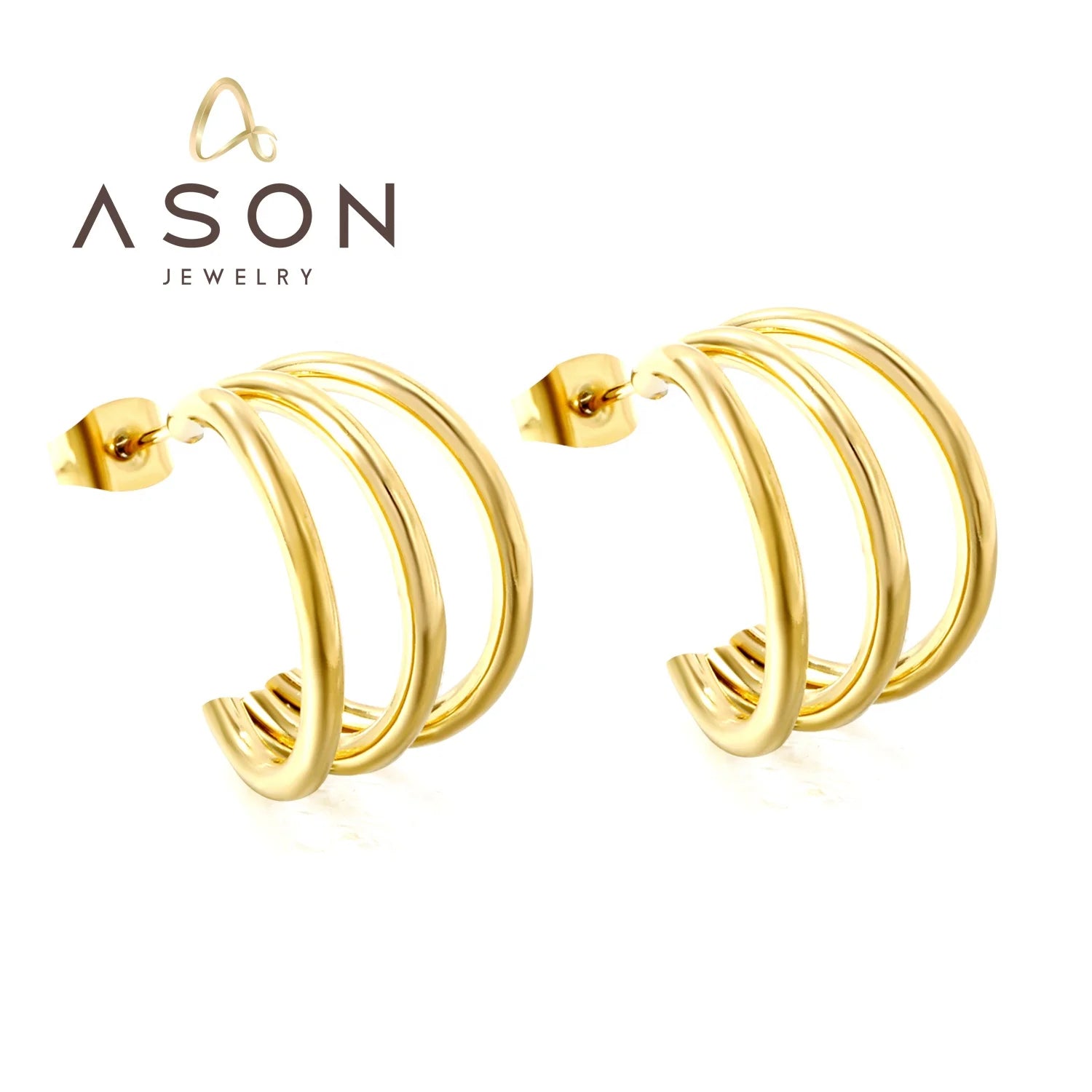 Waterproof Earrings Stainless Steel Jewelry 18K Gold Plated Hollow Three Layer Statement C Shape Fashion Hoop Earrings for Women