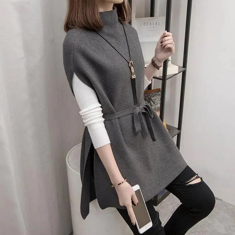 Women's Casual Loose Half High Neck Pullover Solid Color Knitwear Vest with Stand Collar for Autumn Season