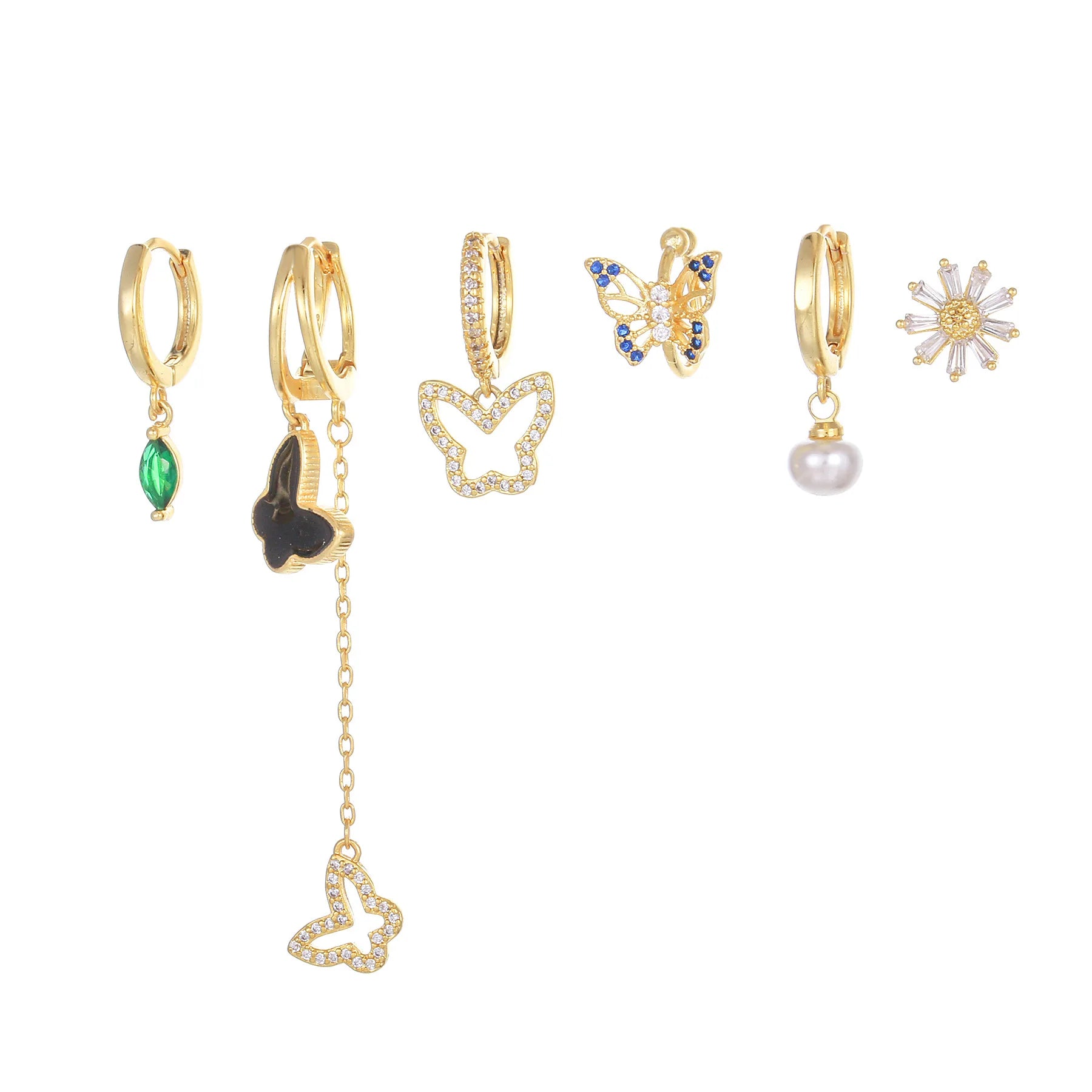 925 Silver 18K Gold Plated Trendy Butterfly Flower Tassel Earrings 6pcs/set with Pearl Zircon Daily Fashion Drop Earrings