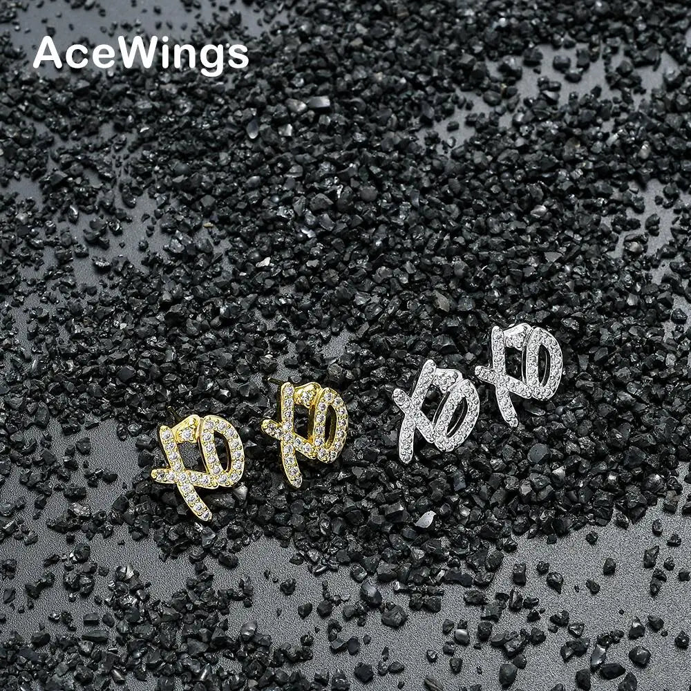 E012 Fashion Stud Earrings Hip Hop Jewelry Brass with CZ Gold Plated Letter Design for Anniversary Gift