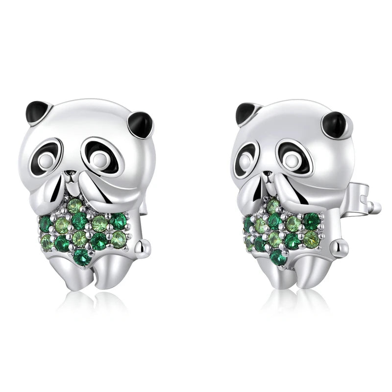 925 Sterling Silver Cute Panda Stud Earrings for Women Green Zircon Bamboo Ear Studs Fine Jewelry Animal Ear Gift SCE1370