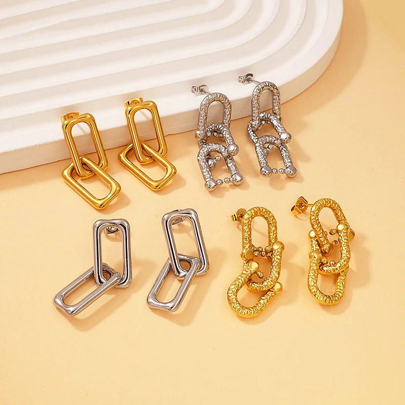 Wholesale Bulk Fashionable 18K Gold Plated Stainless Steel Dangle Earrings Waterproof Ladies' Link Accessories with Drop Hook