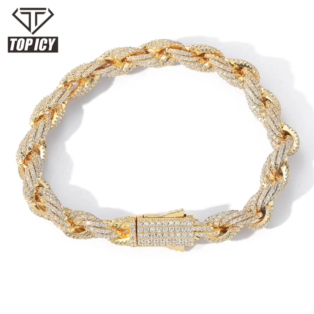 Top Icy Hip Hop Jewelry 8mm Full Diamond Rope  Bracelet Gold Plated AAA Cubic Zircon Punk Iced Out Rope Chain for Men