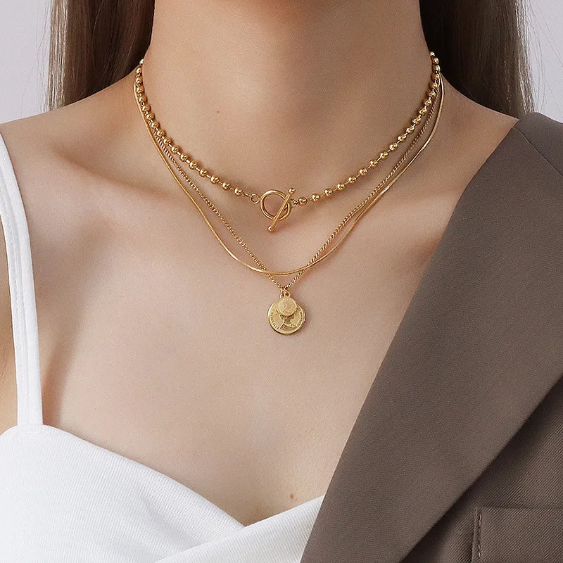 Boho 18K Gold Stainless Steel Jewelry Necklace OT Clasp Snake Bone Chain Coins Pendant Layered Necklace