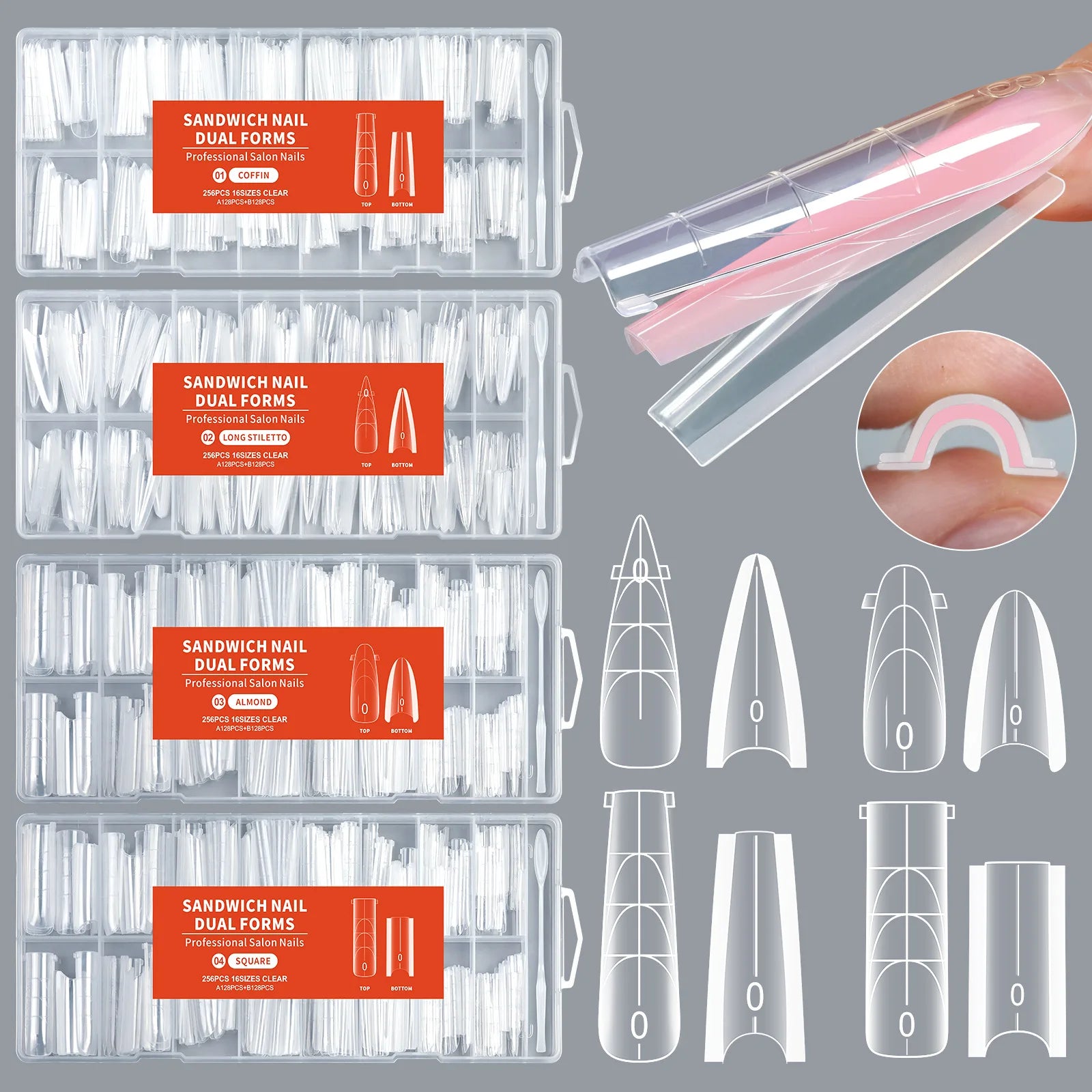 Wholesale ABS Sandwich Nail Forms Top & Bottom 16 Sizes Almond Square Long New Mold Nail Extension Molds for Gel & Acrylic