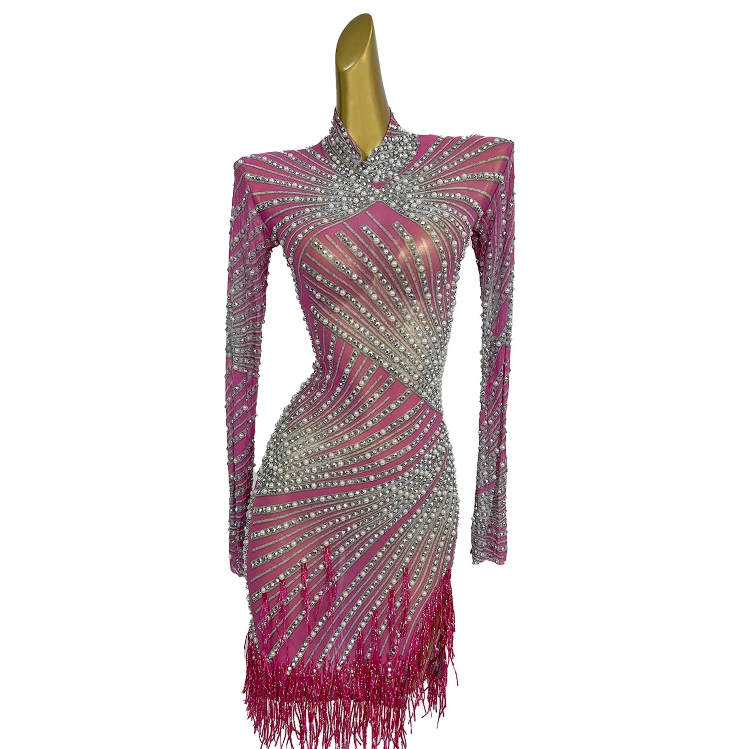 Elegant Pearls Fringes Cocktail Banquet Dress Lady Dinner Gown Women Sexy Evening Party Rhinestone Dress Short Prom Club Dress