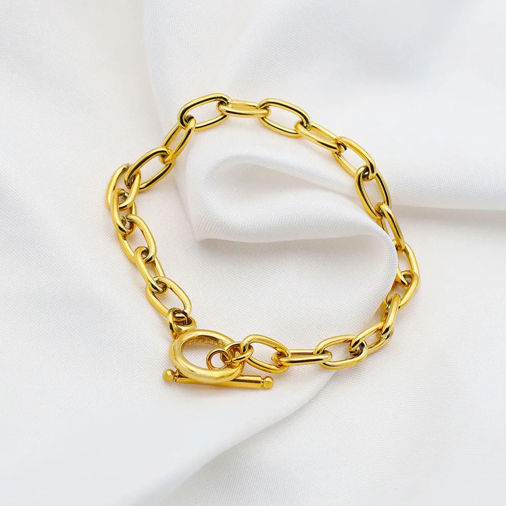 Non Tarnish Waterproof Gold Plated Jewelry OT Buckle Paper Clip Link Chunky Chain Stainless Steel Bracelet