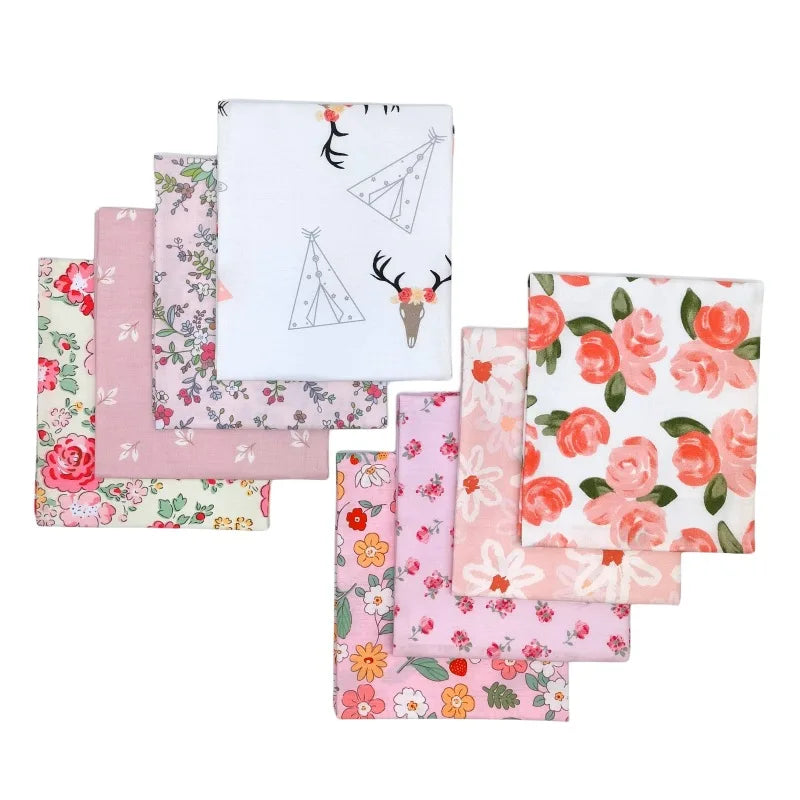 8 Pieces No Repeat Pink Floral Cloth  Patchwork Square Bundles Quilting Cotton Fabric Squares for Sewing DIY Crafts