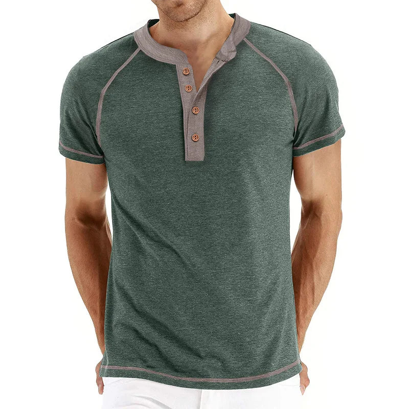 2025 Summer Casual Men's Short-Sleeved T-Shirt Round Neck Colorblock Top in Breathable Knitted Fabric