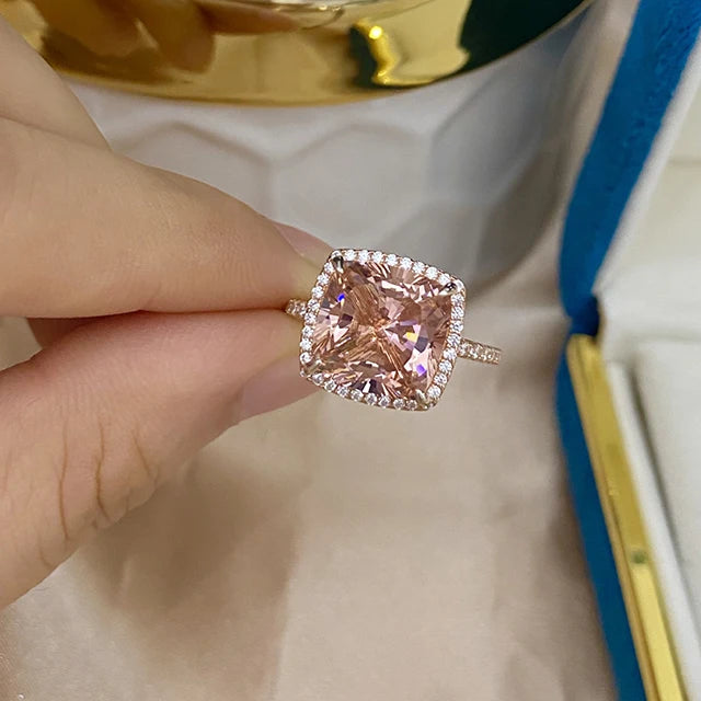 925 Sterling Silver  Princess Halo Cubic Zirconia Simulated Morganite Ring Rose Gold Pink Morganite Engagement Rings