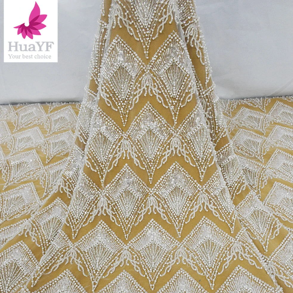 HY2232 New Design Luxury African Lace Fabric With Beads Pearl Sequins for Women Wedding Dresses Sewing