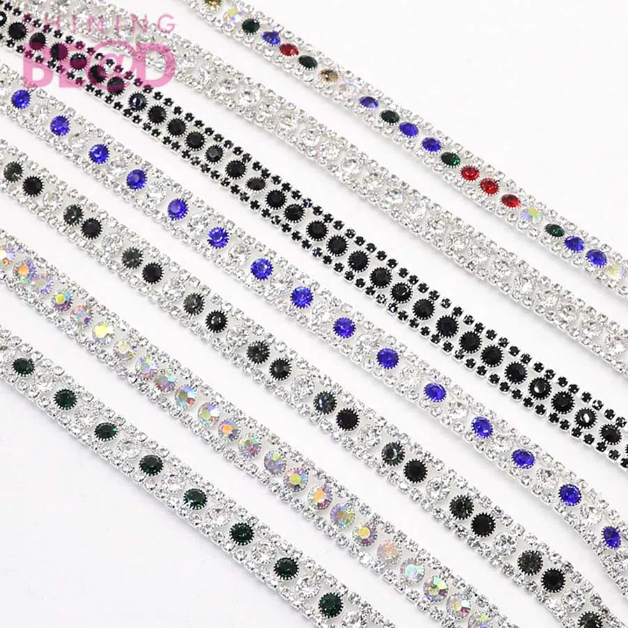 Color Crystal Rhinestone Three Row Metal Cup Chain Rhinestone Trim for Bridal Clothing Shoes Hats  Decorative Trim
