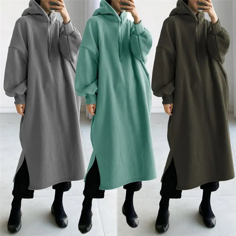 Latest Winter Plain Pullover Long Sweatshirts Oversized Plus Size Thick Fleece Split Casual Midi Hooded Hoodie Dresses for Women