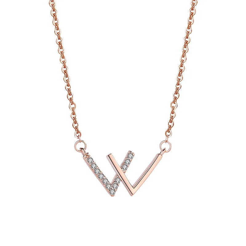 Rainbowking 925 Sterling Silver W Letter Collarbone Chain Pendant Double V Zirconia Creative Design for Female Fine Jewelry Gift