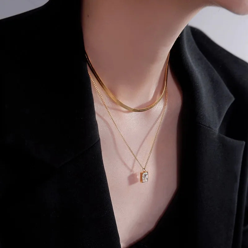 HOVANCI Women Punk Stainless Steel Double Layer Gold Plated Snake Choker Necklaces Geometric Square Pendant Necklace