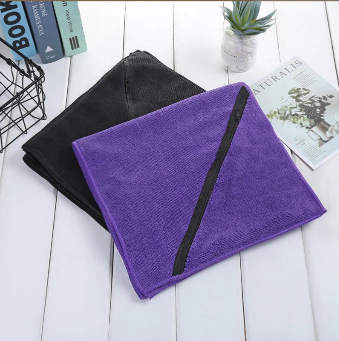Custom logo Black Gym Towel Yoga/sports Towel/Super Sweat Absorbent Microfiber Workout Towel With Zip Pocket